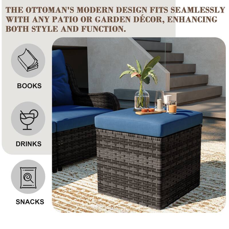 Outdoor Wicker Square Storage Ottoman with Plush Cushion
