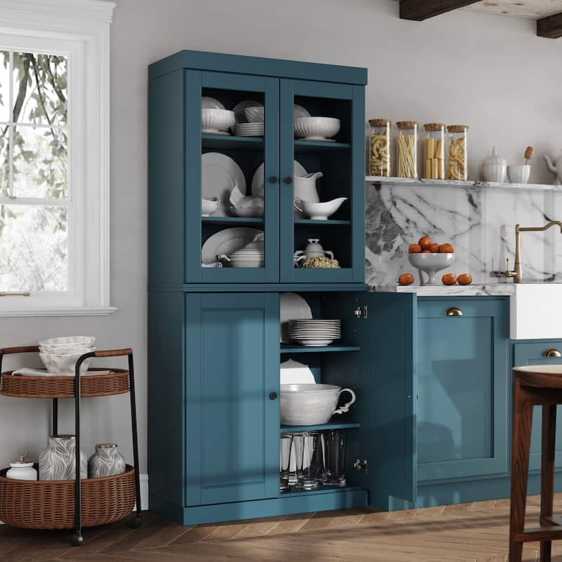 Palace Imports 100% Solid Wood Pantry Cabinet, Raised Panel & Clear Glass Doors, Adjustable Shelves, 32" Wide, 71.5" Tall - Teal Blue