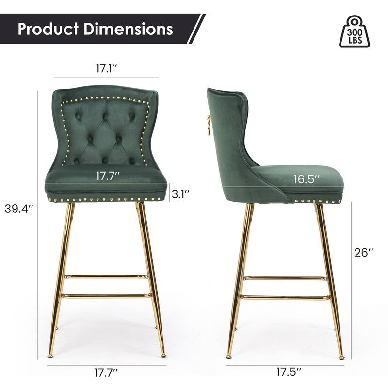 Bar Stools Set Of 2, Velvet Counter Height Bar Stools With Metal Legs, Button Tufted And Nailheads Trim