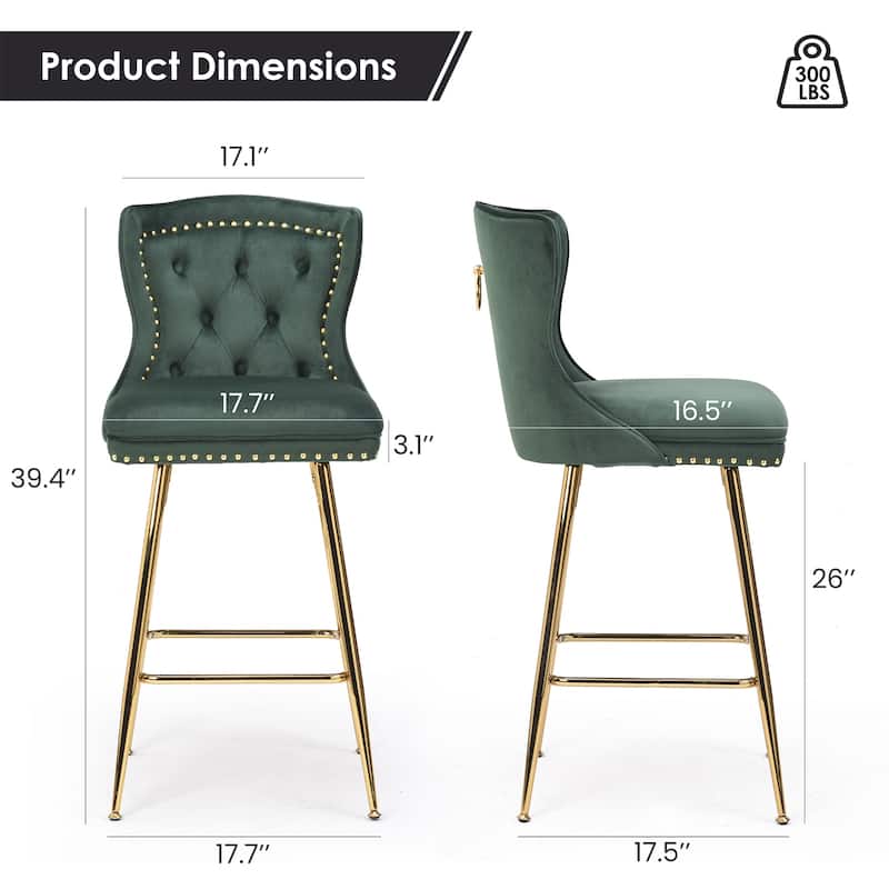 Set of 2 Emerald Green Velvet Wingback Bar Stools, Button Tufted with Nailhead Trim & Metal Legs