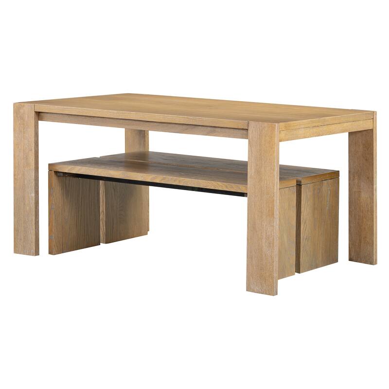 3-piece Farmhouse Style Simple Dining Set, Dining Table and 2 Benches, for Dining Room, Kitchen and Living Room