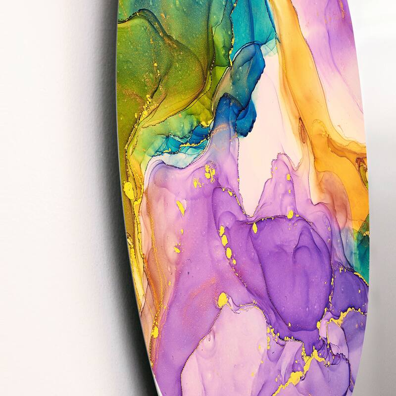 Designart 'Purple Yellow And Green Liquid Art' Modern Metal Circle Wall Art