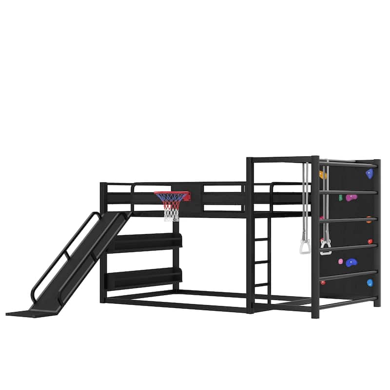 Metal Loft Bed with Basketball Hoop, Pull-up Rings, Climbing Wall and Built-in Bookshelves, Heavy Duty Metal Loftbed Frame