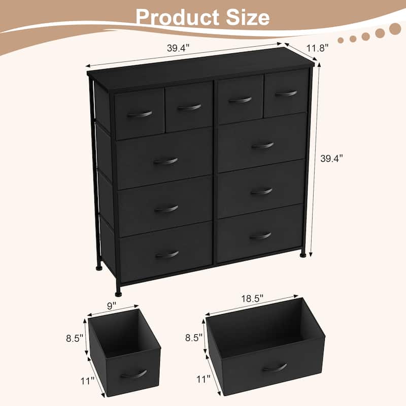 Furniwell 10 Drawer Fabric Dresser Chest of Drawer Cabinet, Black