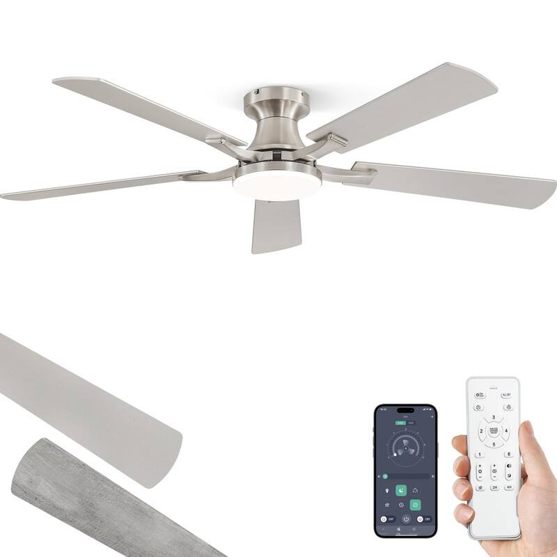 20W Dimmable LED Ceiling Fan with Light, App & Remote Control, Flush Mount Low Profile, Quiet Reversible Motor for Bedroom - Nickel