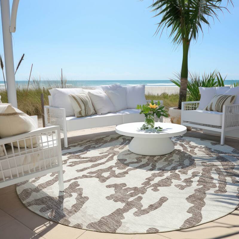 Machine Washable Indoor/ Outdoor Chantille Animal Print Abstract Rug - Taupe - 8' x 8'