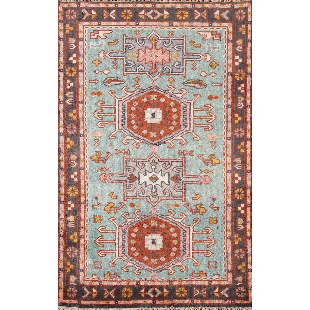Geometric Blue Kazak Oriental Accent Rug Handmade Wool Carpet - 3'0"x 4'11"