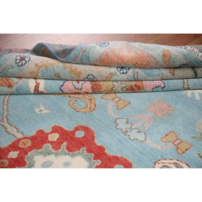 Light Blue Floral Oushak Area Rug Hand-Knotted Oriental Wool Carpet - 8'11"x 11'10"