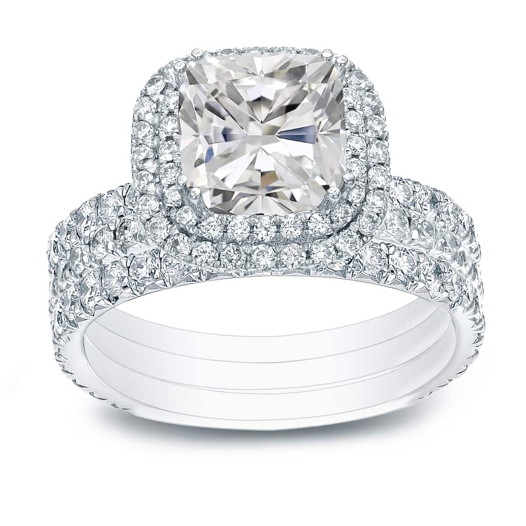 Auriya 2 1/2ctw Cushion-cut Halo Diamond Engagement Ring 3pc Set 14k Gold Certified