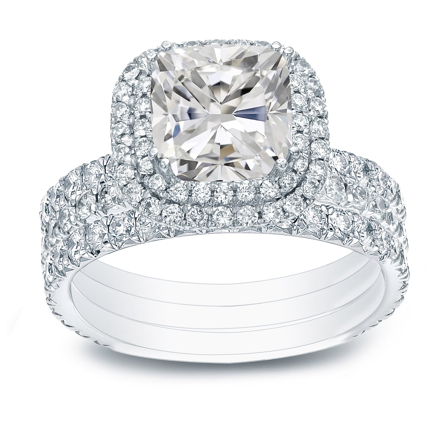 Auriya 2 1/2ctw Cushion-cut Halo Diamond Engagement Ring 3pc Set 14k Gold Certified