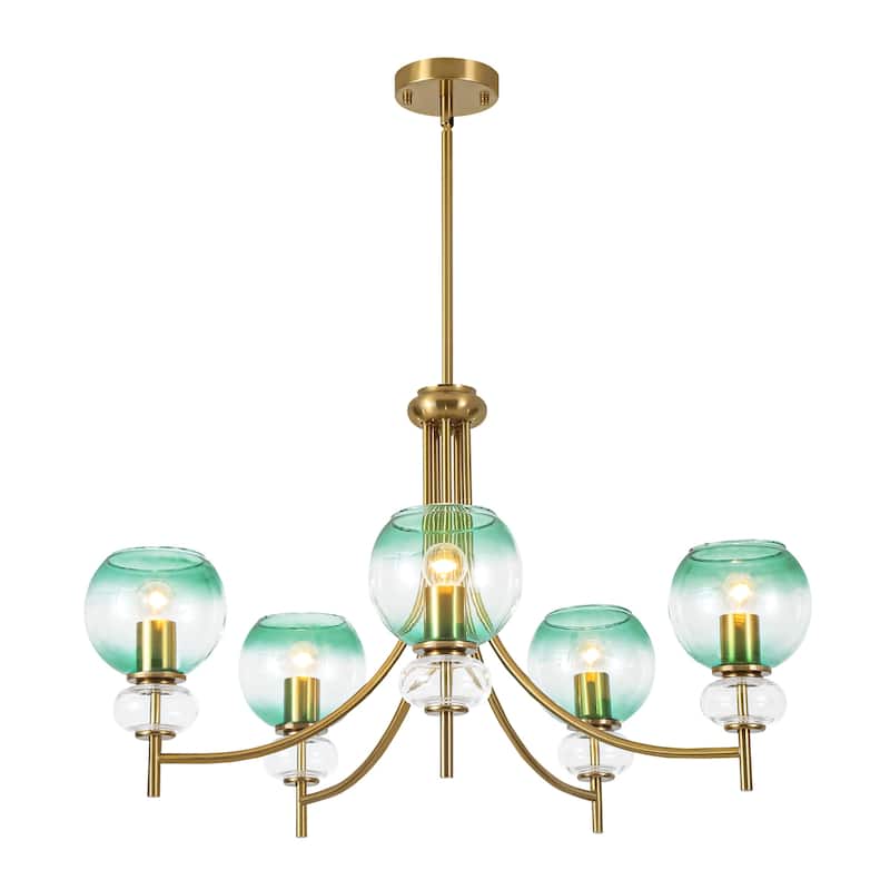 5-Light Mid-Century Modern Luxury Green Sputnik with Open/Bubble Glass Globe Shades Chandelier for Dining Room, Living Room
