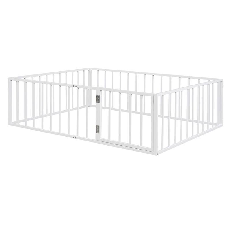 Twin/Full/Queen Size Floor Bed for Kids, Montessori Beds with Rails and Door, Metal Playhouse Bed Frame w/ Fence for Boys Girls