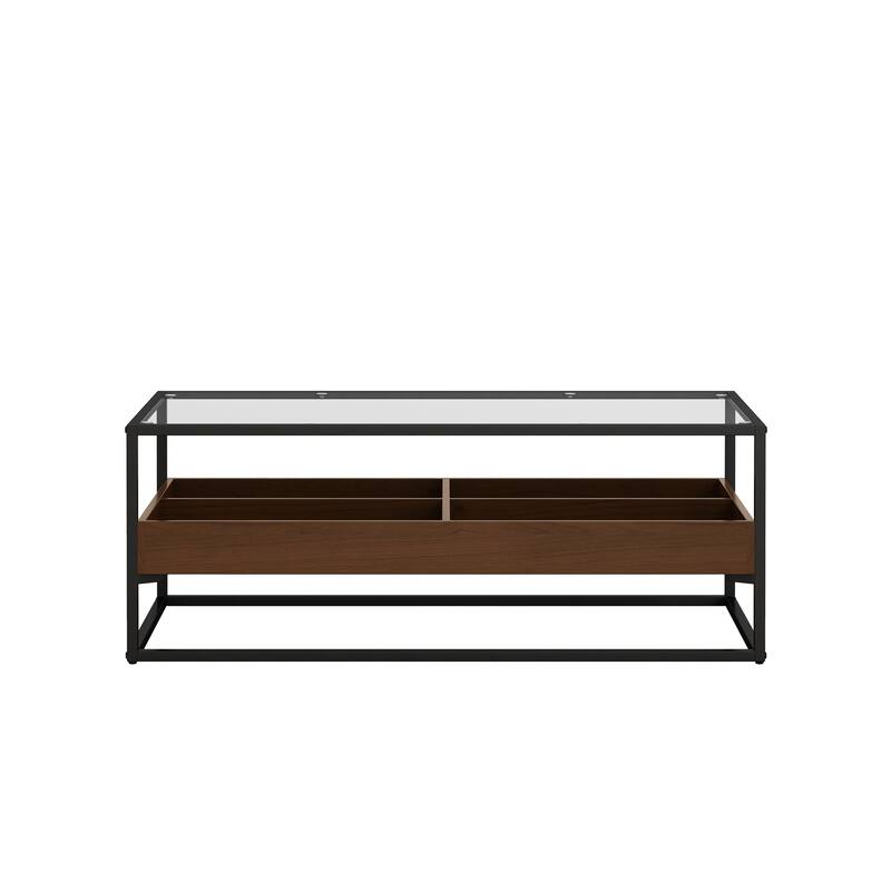 Glass Coffee Table with storage shelf and metal table legs