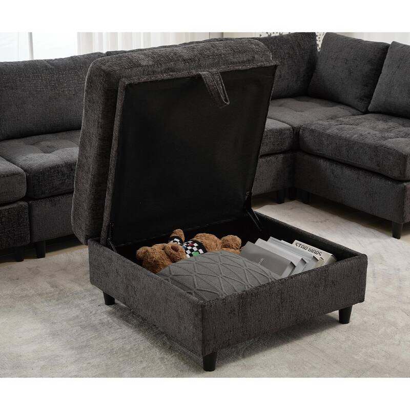 128" Chenille U-Shaped Modular Sectional Sofa with Storage Ottoman, Pocket Spring Support, and 6-Seat Configurable Design