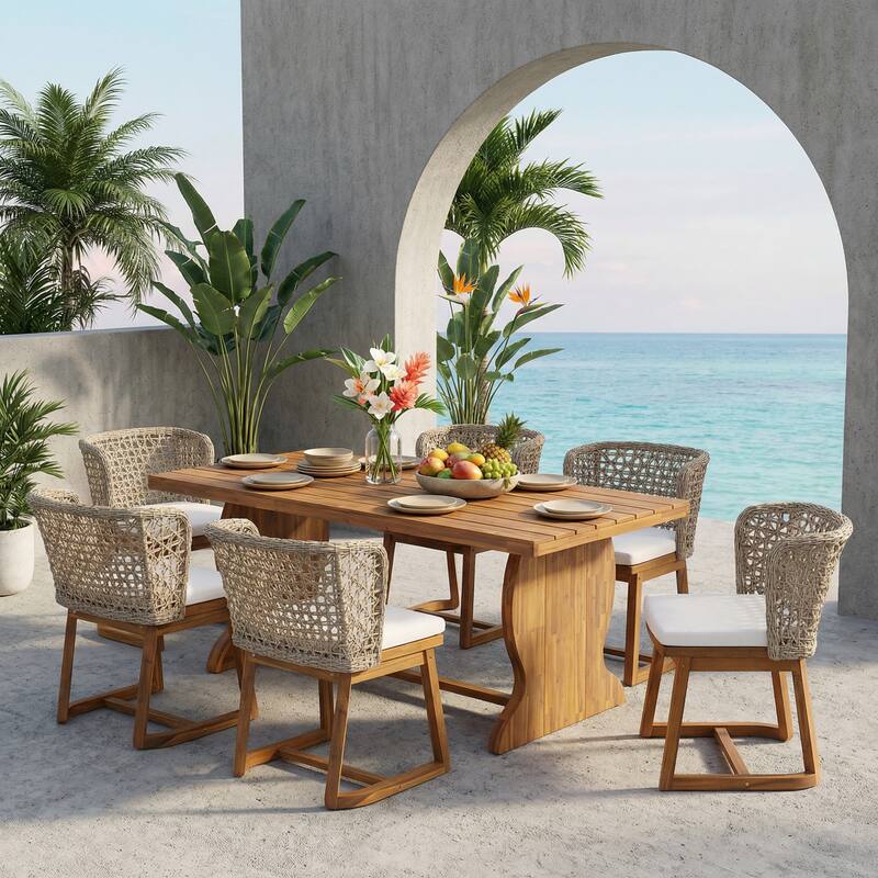Christopher Knight Home - 7-Piece Outdoor Acacia Wood Dining Set with Woven Wicker Back Chairs & 70" Solid Wood Dining Table - Beige+Wicker+Teak Finish