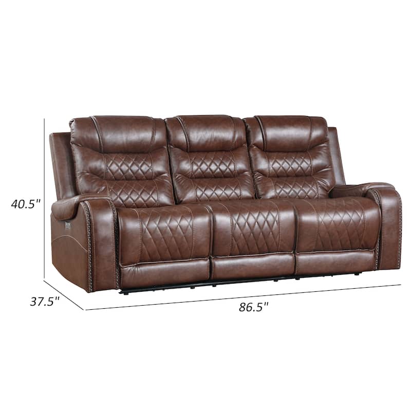 Paul 87 Inch Power Recliner Sofa, Drop Table Cupholders Brown Faux Leather