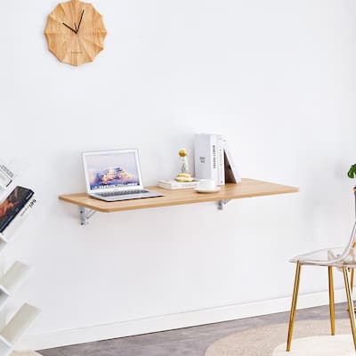 Minimalist Folding Wall Mounted Table Desk with Steel Brackets and Smooth Rounded Corners for Small Space or Home Office