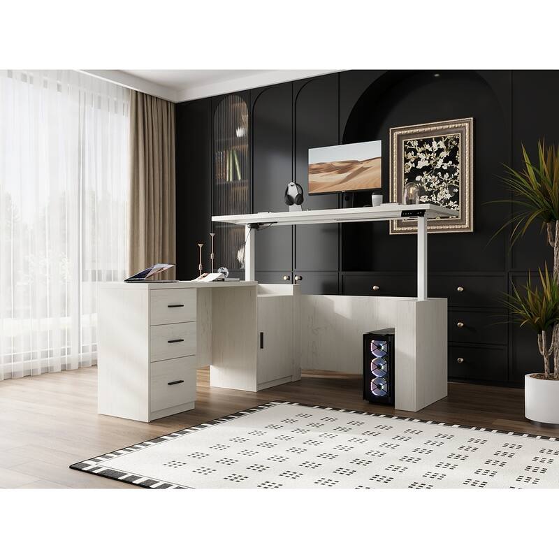 63" L Shaped Electric Standing Desk with Storage Drawers – Height Adjustable Executive Desk, Dark Brown Wood