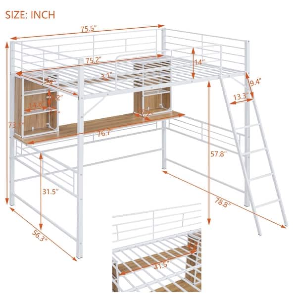 dimension image slide 3 of 4, Loft Bed with Desk and Shelf