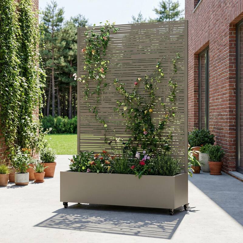 Raised Garden Bed Planter with Trellis Movable Planter Box with Lockable Wheels - 72*47 - Olive Grey