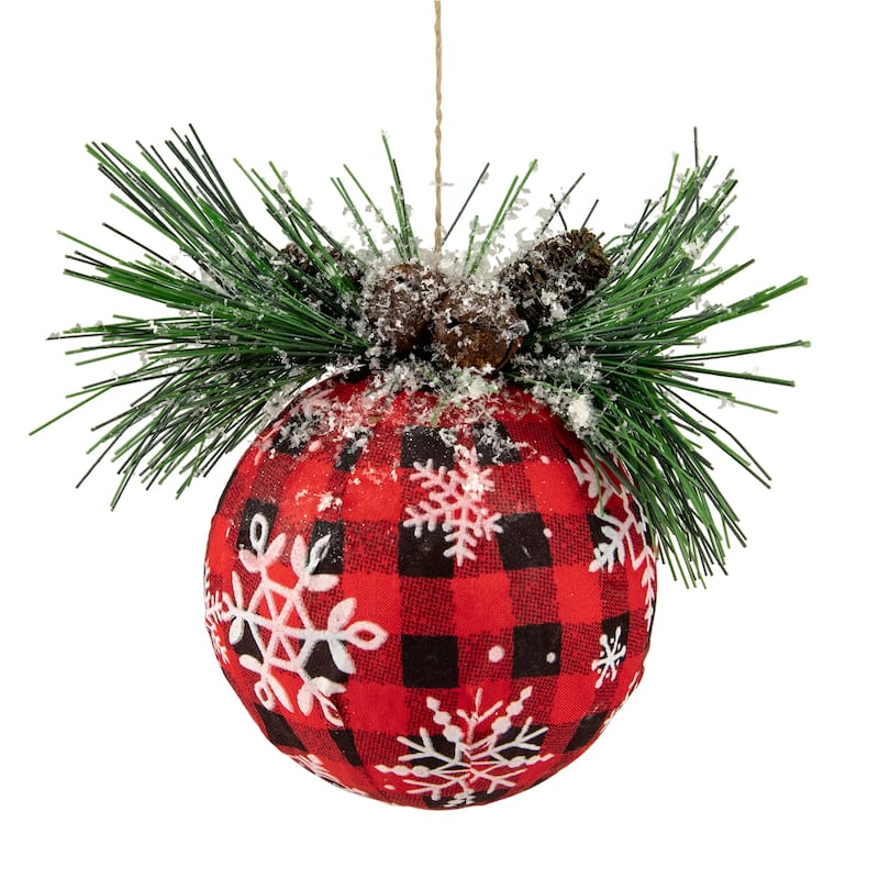 Buffalo Plaid and Pine Needle Snowflake Christmas Ball Ornament - 5.5" - Black and Red