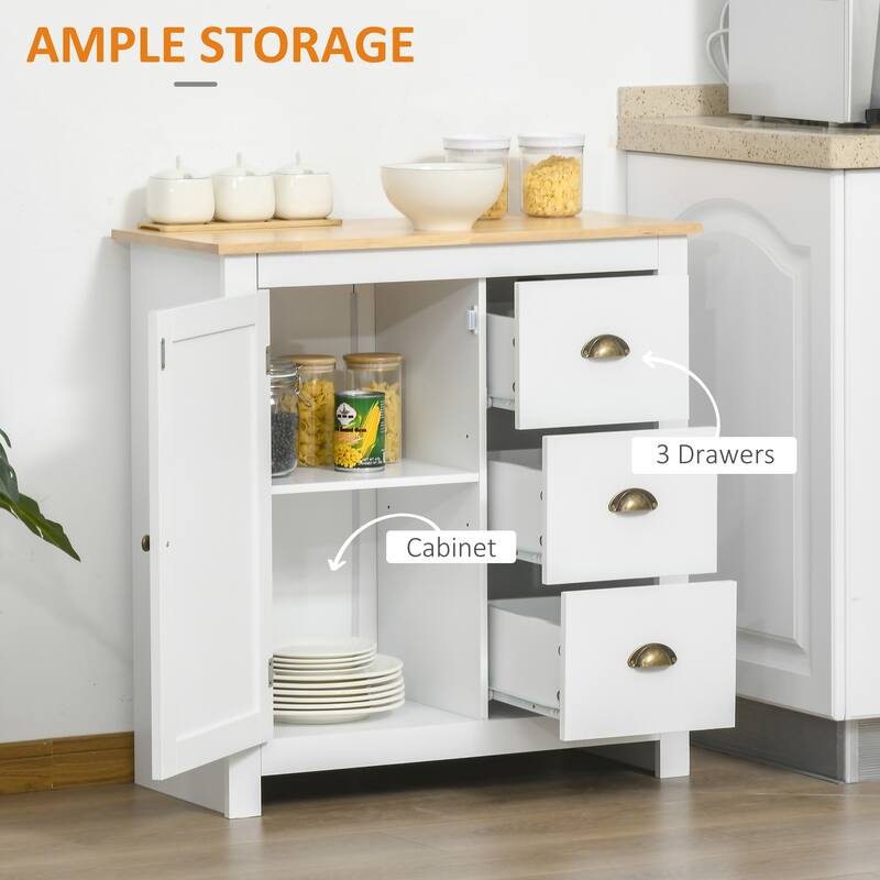 HOMCOM Modern Floor Cabinet, Storage Sideboard, Kitchen Buffet Table w/ Rubberwood Top, 3 Drawers and Cabinet