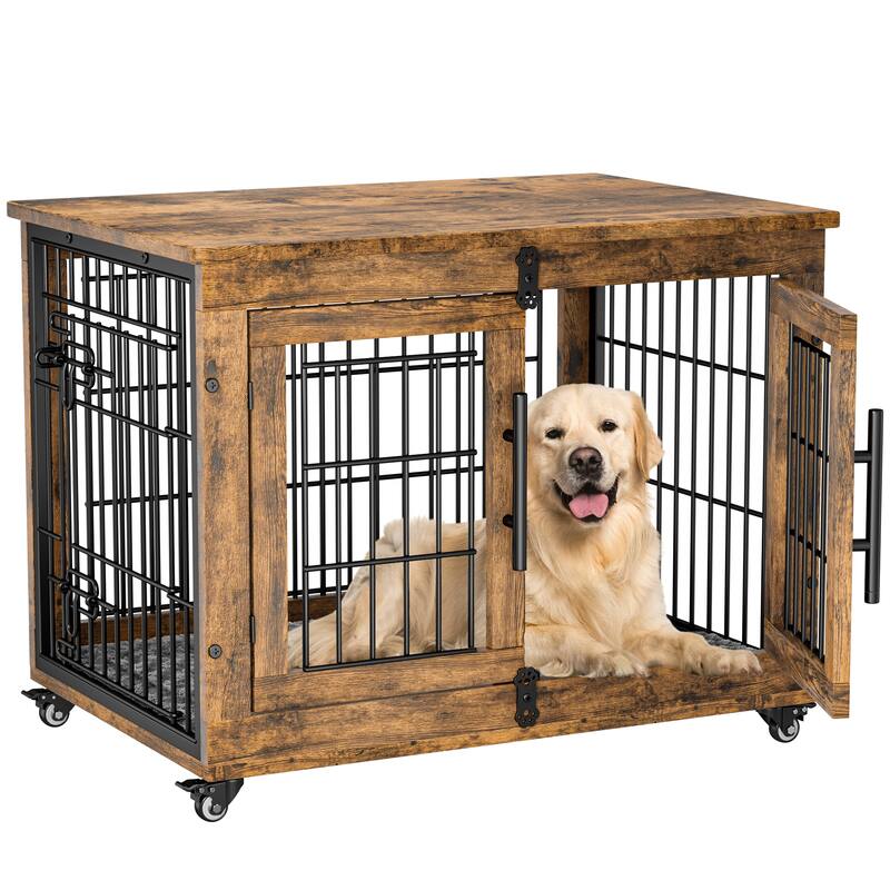 Dog Crate Indoor Heavy Duty Double Doors Wooden Dog Cage with Cushion - 32.5"L x 22.1"W x 25.2"H. - Assembly Required - Brown