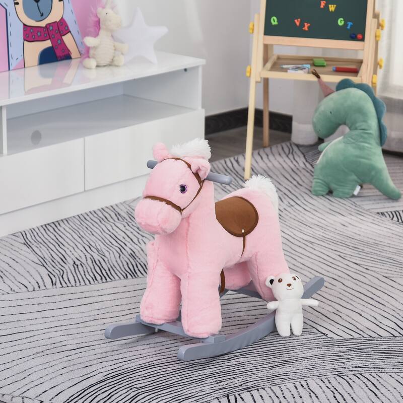 Kids Plush Ride-On Rocking Horse with Bear Toy, Children Chair with Soft Plush Toy & Fun Realistic Sounds, Pink