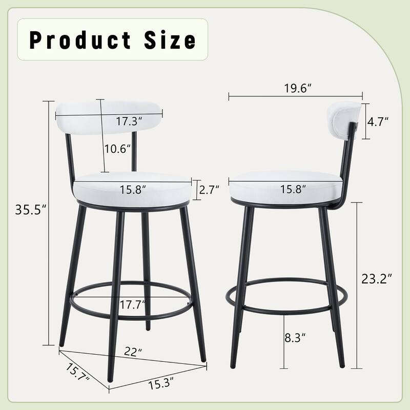 Anmytek 2-Piece Ergonomic High-Legged Bar Stools Upholstered White Fabric Cushions