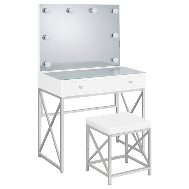 Eliza Vanity Set with Lighting & Stool White and Chrome - Mirror