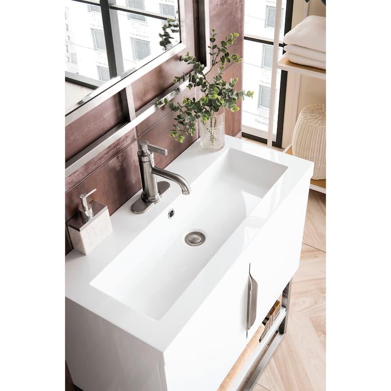 James Martin Vanities Columbia 31.5" Single Vanity, Glossy White with White Glossy Composite Stone Top