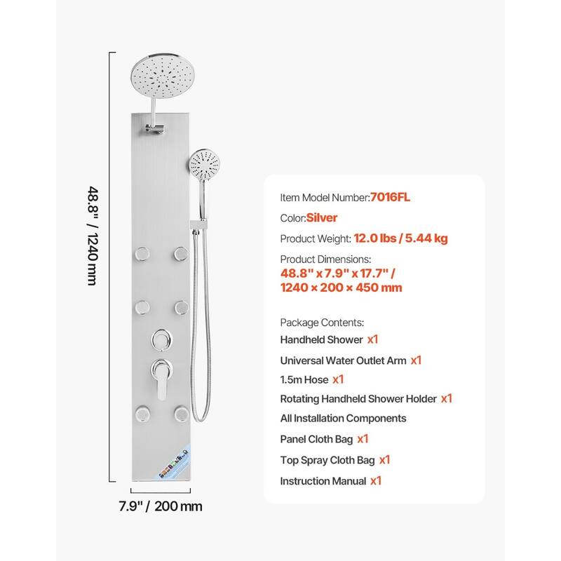 Silver Wall Mounted 3-in-1 Shower Panel Tower with Rainfall Head and Massage Jets Handheld Sprayer - 48.8” x 7.9” x 17.7”