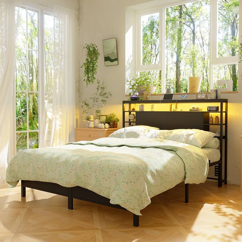 Headboards with Storage Shelves, Head Board with Power Outlet and LED Light for Bed Frame