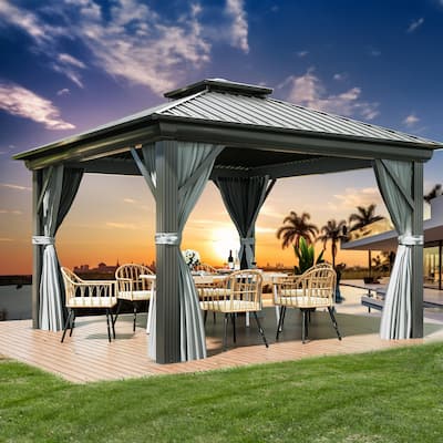 2-Tier Galvanized Aluminum Hardtop Canopy Gazebo with Netting and Curtains