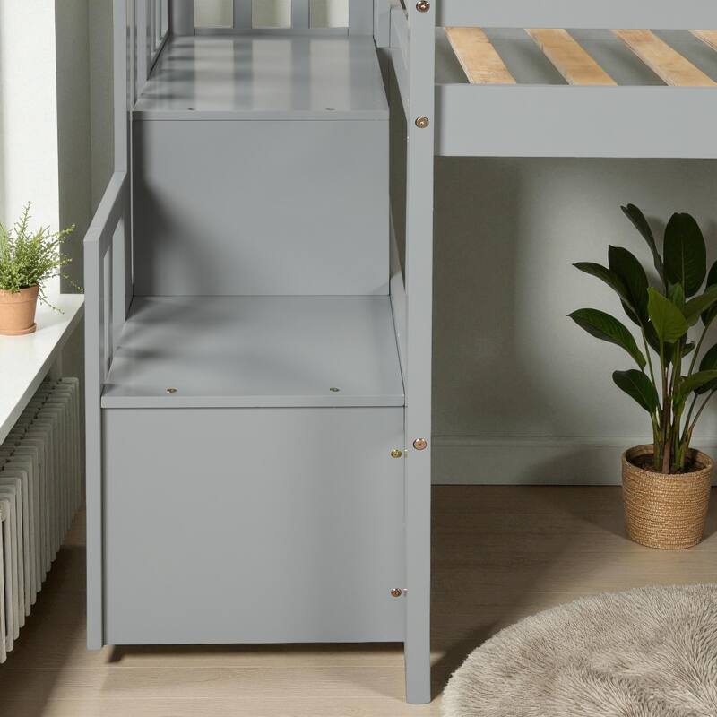 Twin Size Wooden Loft Bed with Staircase and Storage Steps, Solid Pine Frame with Guardrails