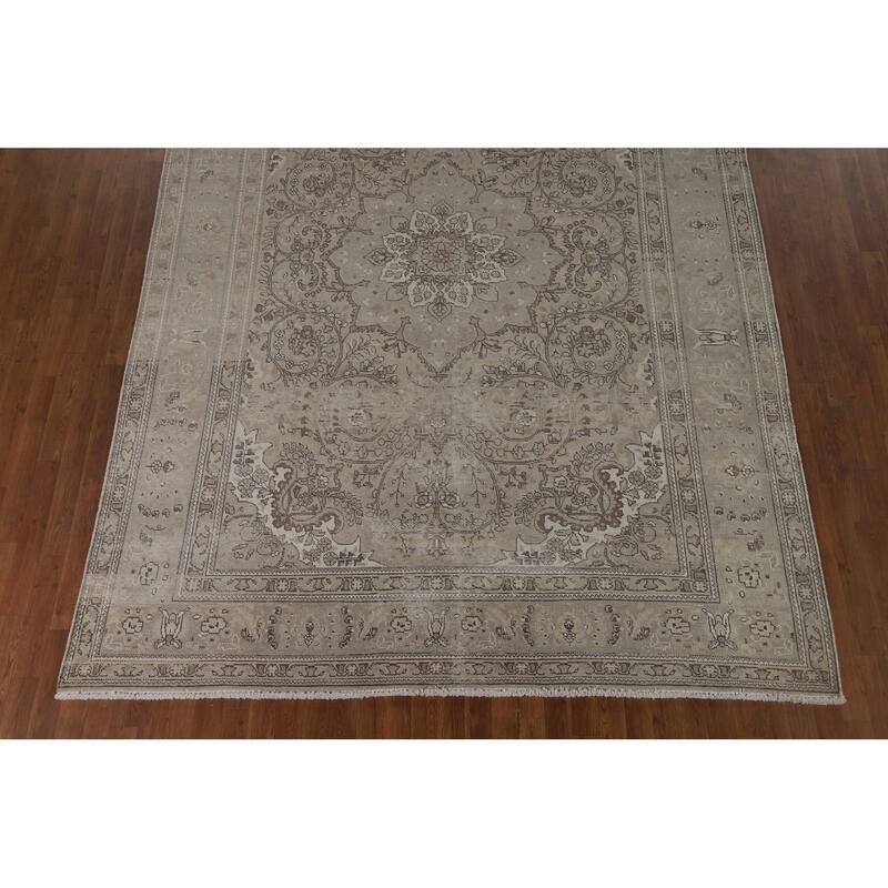 Distressed Tabriz Vintage Persian Rug Handmade Beige Wool Carpet - 8'1" x 11'4"