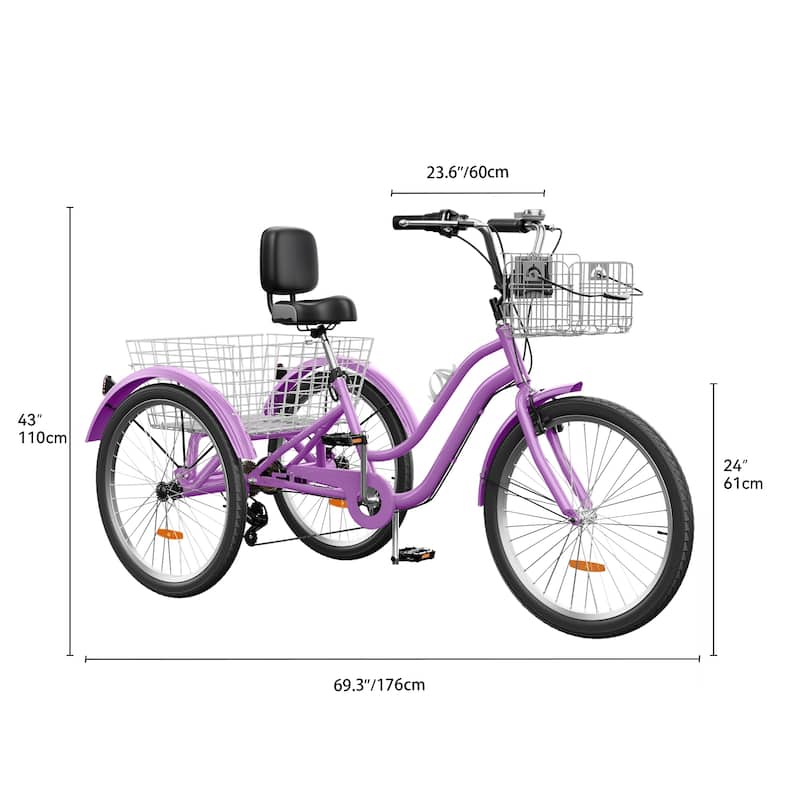 Moasis 24" Adult Tricycle 3-Wheel Bikes 1 Speed Trike Low Step-Through Cruiser Bike