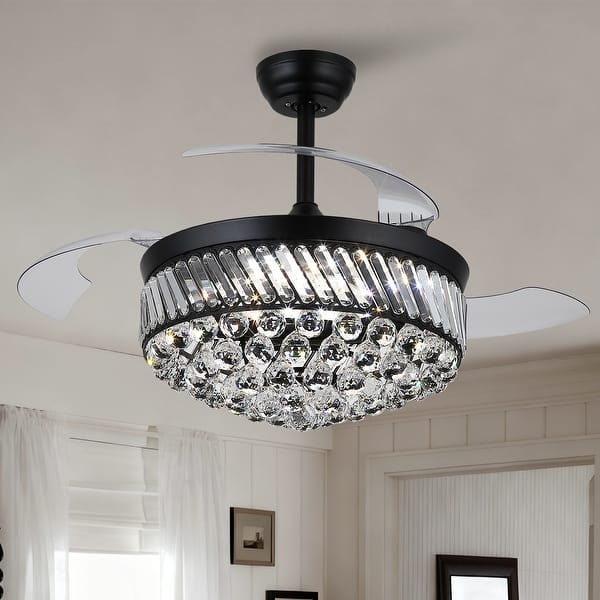 slide 2 of 21, Kviflon 48" Crystal Fandelier Ceiling Fan with Light and Retractable Blades LED Dimmable for Bedroom Living Room - 48 Inches Black