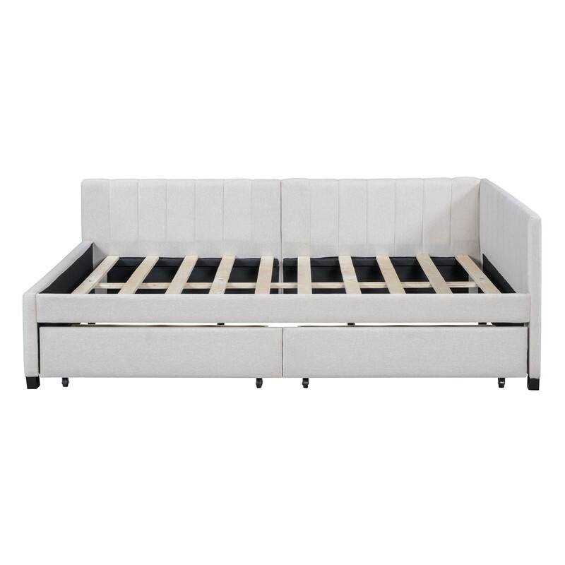 Full Size Upholstered Daybed with 2 Storage Drawers Sofa Bed Frame No Box Spring Needed, Linen Fabric
