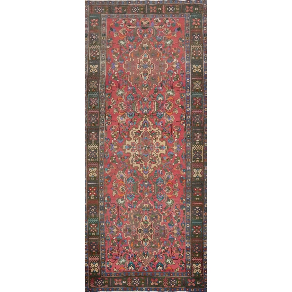 Hand Knotted Oriental 100% Wool Carpet Traditional Floral Pink Heriz Area Rug - 12' 1'' X 4' 8''