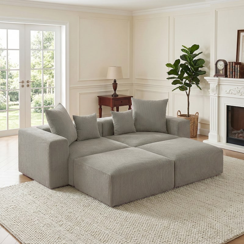 81"W No Assembly Corduroy Modular Sectional Sofa with Ottoman - Brown