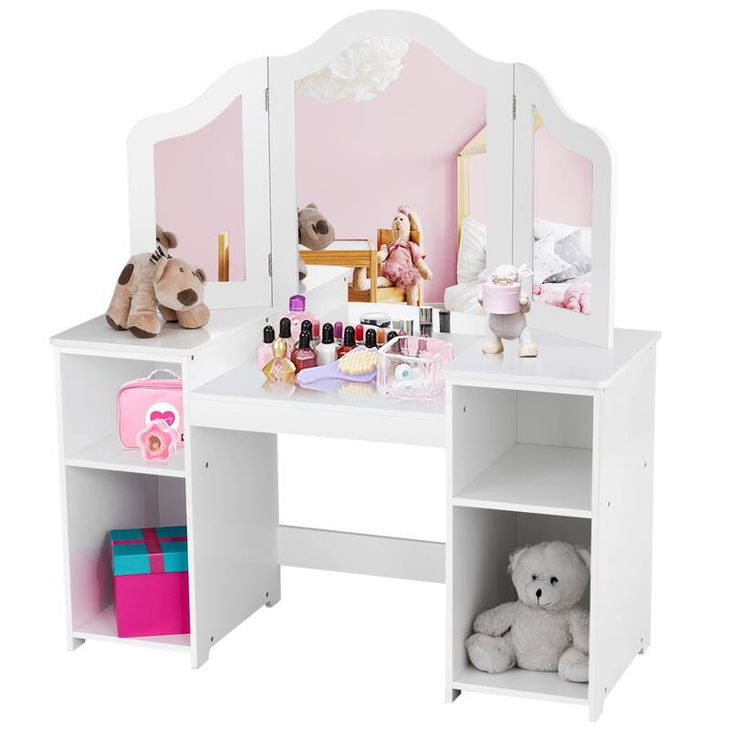Costway Vanity Table Set Makeup Dressing Kids Girls Study Table Tri - See Details - White