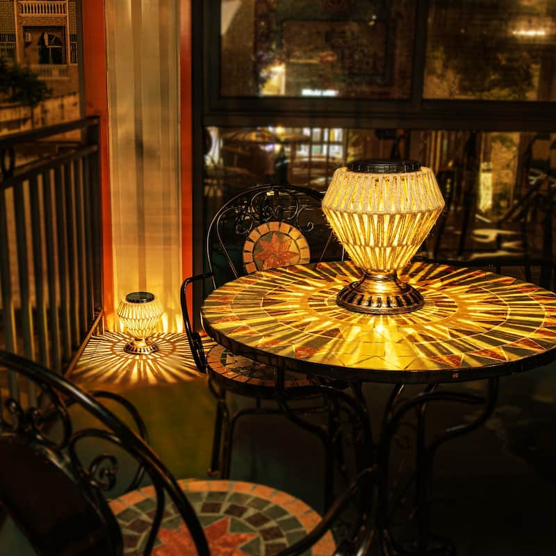 Solar Panel Rattan Woven Lights Dimmable Nightstand Desk Lamp Outdoor Indoor Decorative