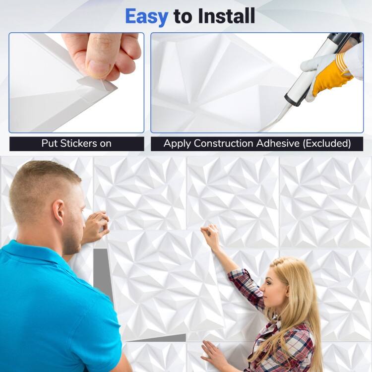 White PVC 3D Wall Panels Set of 40 with Diamond Pattern and Peel-Stick Design
