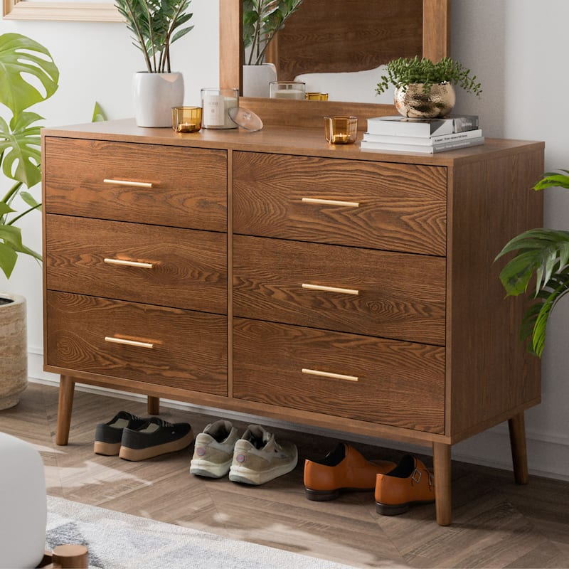 Furniture of America Beau Midcentury Walnut 6-Drawer Dresser with Interlocking Drawers - Walnut