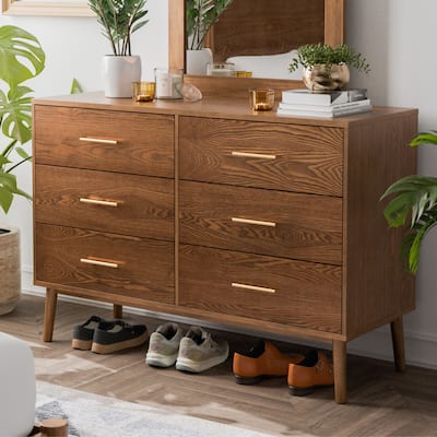 Furniture of America Beau Midcentury Walnut 6-Drawer Dresser with Interlocking Drawers