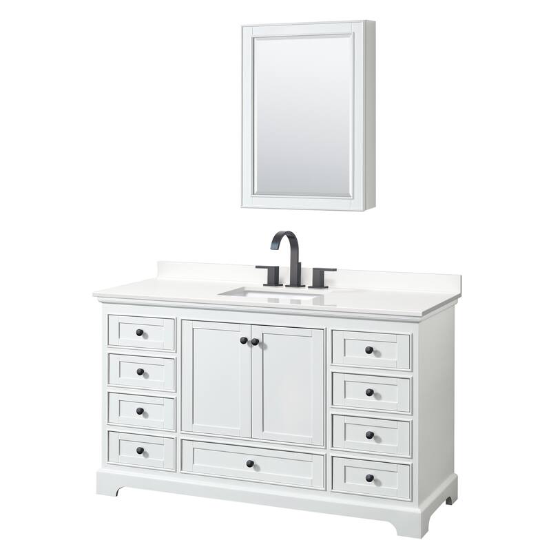 Deborah 60-inch Single Vanity, Quartz Top, Medicine Cabinet - White, Black Trim, White Quartz Top