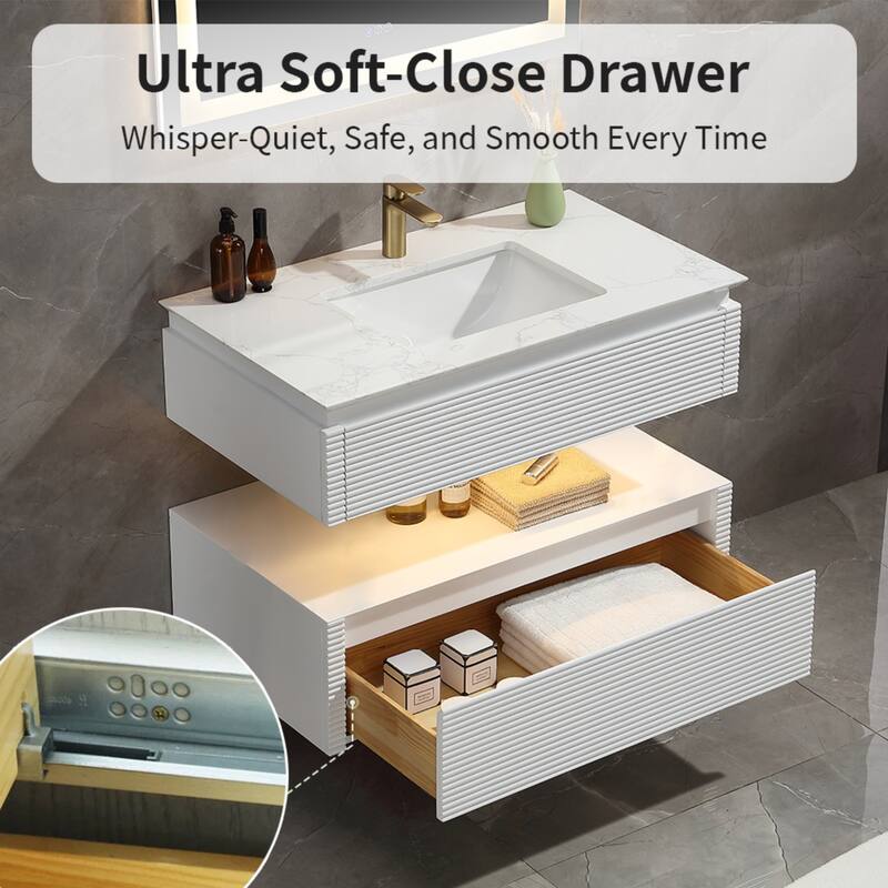 Modland 36''/48'' Floating Bathroom Vanity with ETL-Certified LED Lighting, Soft-Close Drawers & Waterproof, White