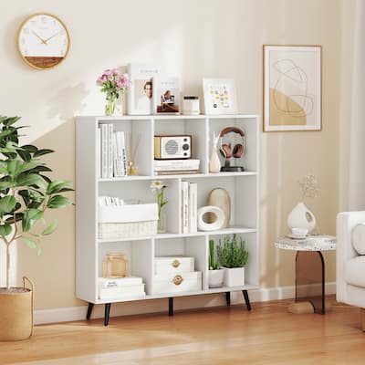 Mid-Century Modern White & Black Cube Bookcase Compartments, Engineered Wood & Metal, Sturdy