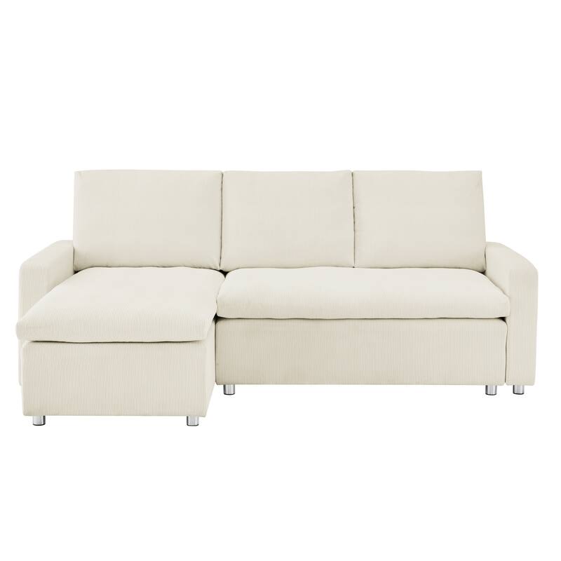 90" L Shaped Convertible Sleeper Sofa Bed with Storage, Removable Washable Beige Corduroy Covers